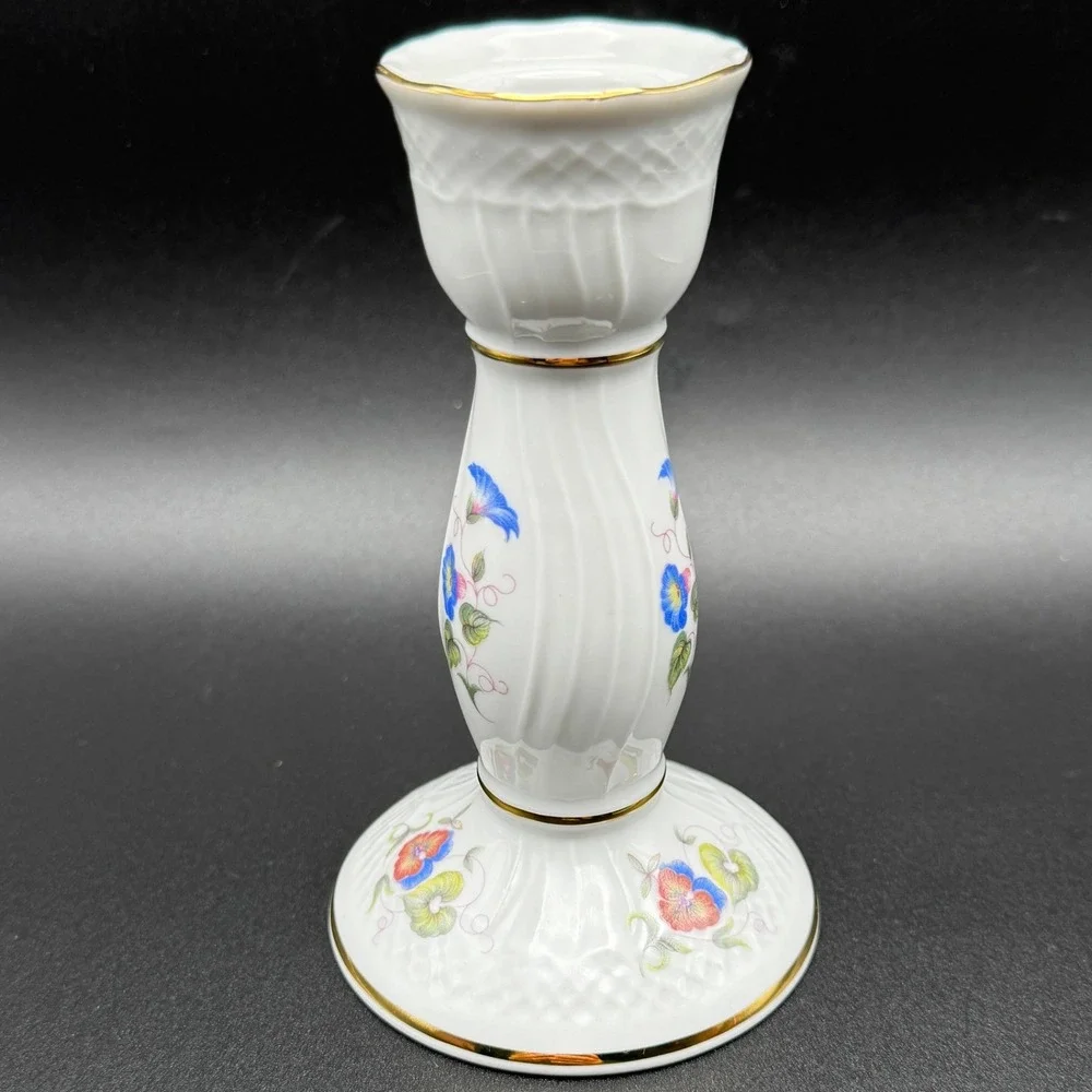 Hollohaza Hungary Hajnalka Porcelain Candlestick Floral Gold Trim Cottagecore